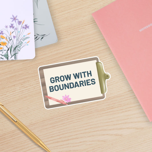 Grow With Boundaries waterproof vinyl sticker featuring a medical clipboard, pencil, flower, and bold teal text on a table. Designed for nurses and healthcare workers.