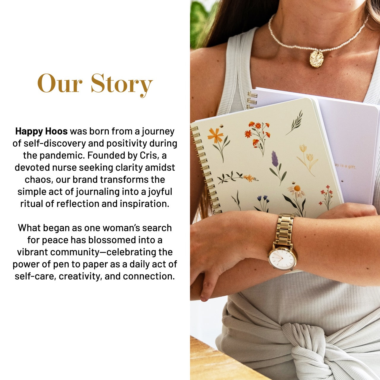 Person holding a notebook with floral designs and a watch, with text about Happy Hoos brand on the left.