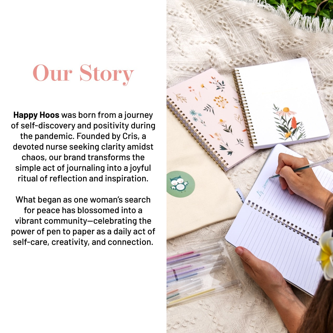 Notebooks with floral designs on a textured surface, with text about Happy Hoos brand and its mission.