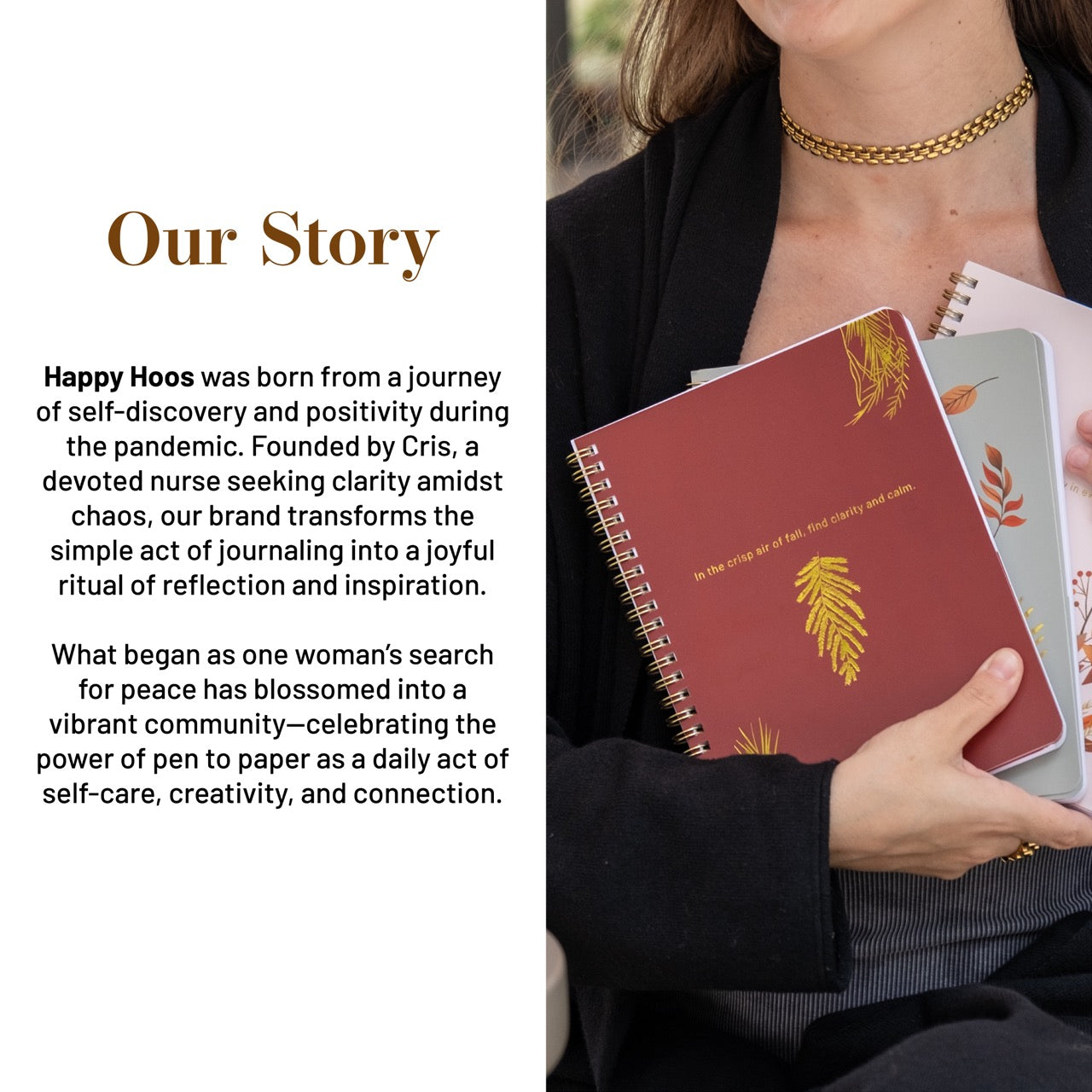 Person holding two fall spiral-bound notebooks with a text about Happy Hoos brand on the left.