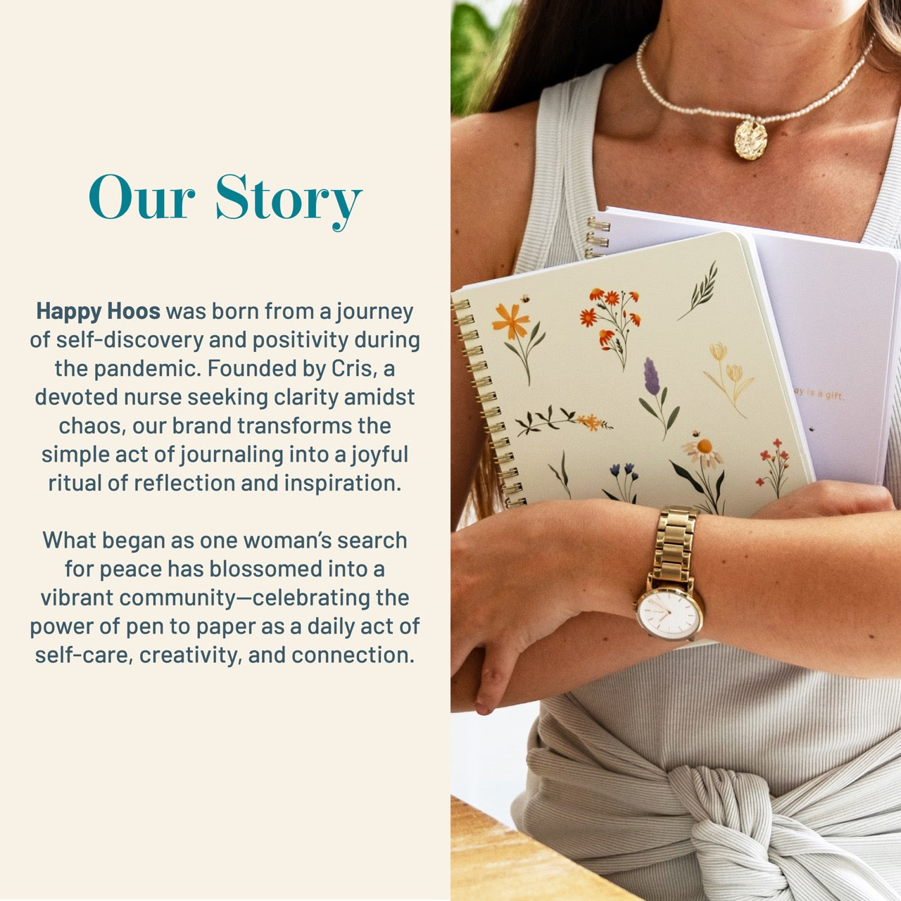 Person holding a notebook with floral designs and text about Happy Hoos brand.