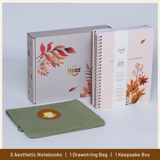 Set of three notebooks, a drawstring bag, and a keepsake box with 'HOOS' branding on a light gray background.