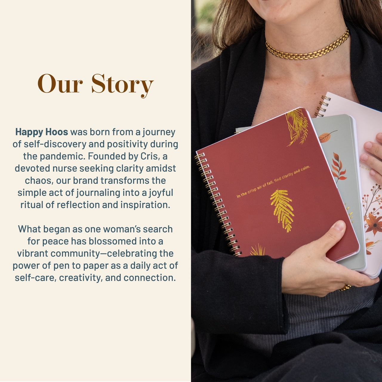 Person holding two journals with a text about Happy Hoos brand on the left.