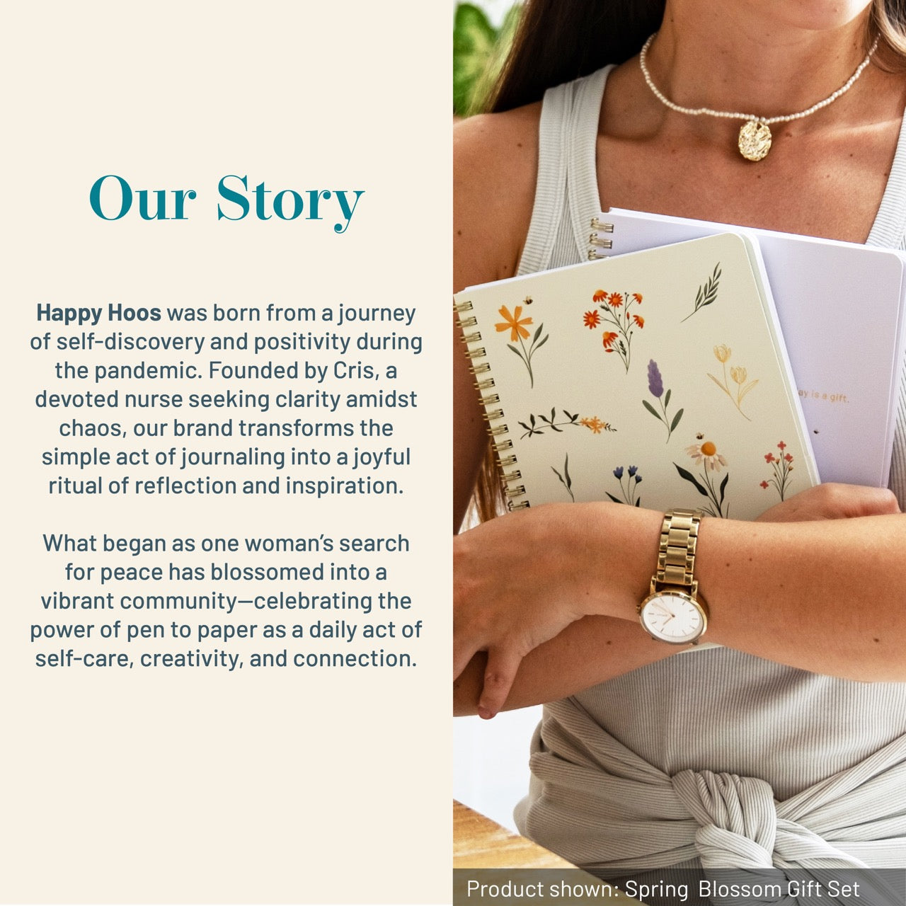Happy Hoos brand story image showing a woman holding Spring Blossom floral spiral notebook with gold coil—product shown: Spring Blossom Gift Set.