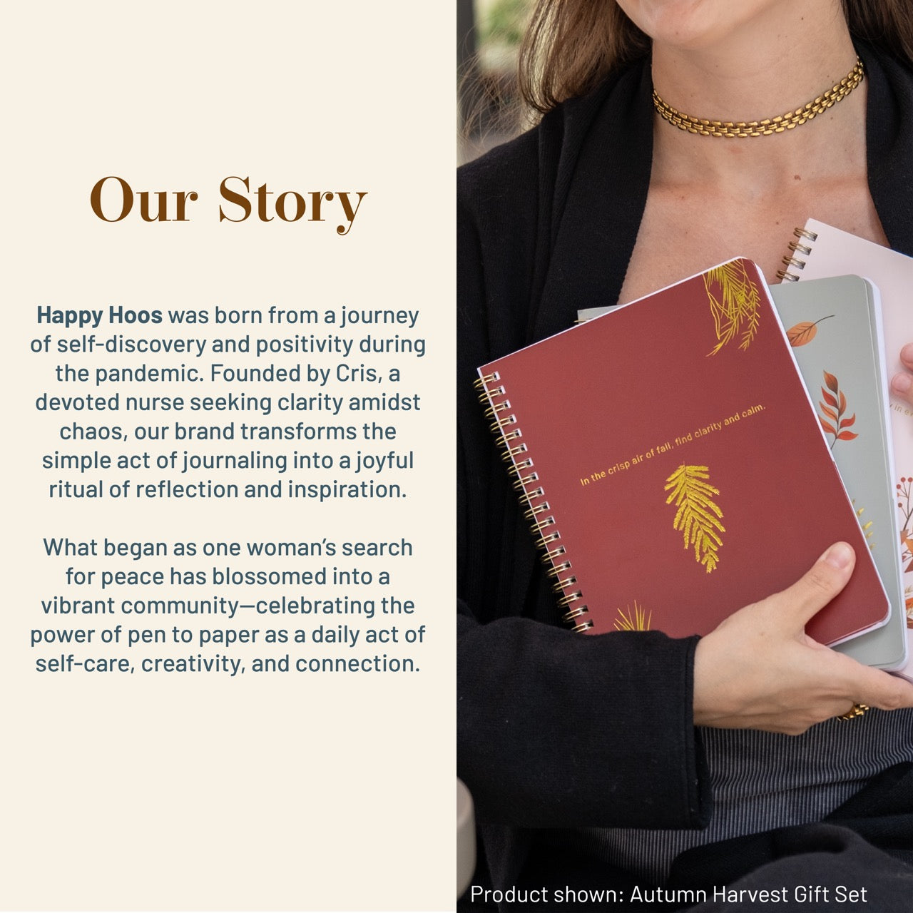 Person holding two journals with autumn-themed designs, accompanied by a brief description of the brand 'Happy Hoos'.
