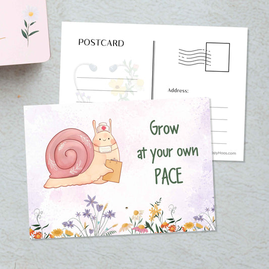 Postcard with a snail illustration and text 'Grow at your own PACE' on a light gray background
