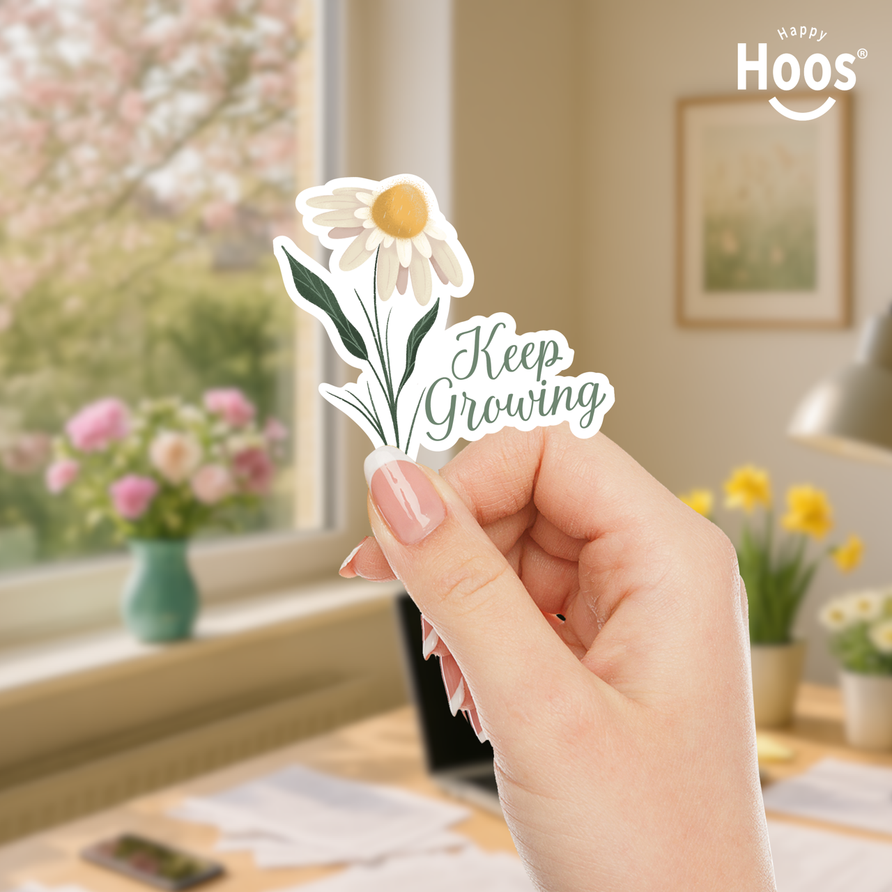 Hand holding a 'Keep Growing' sticker with a floral design in a room with flowers and decor.