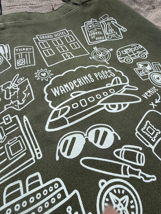 Green fabric with white line art illustrations including a plane, sunglasses, and buildings. theme of wandering pages - journaling and traveling