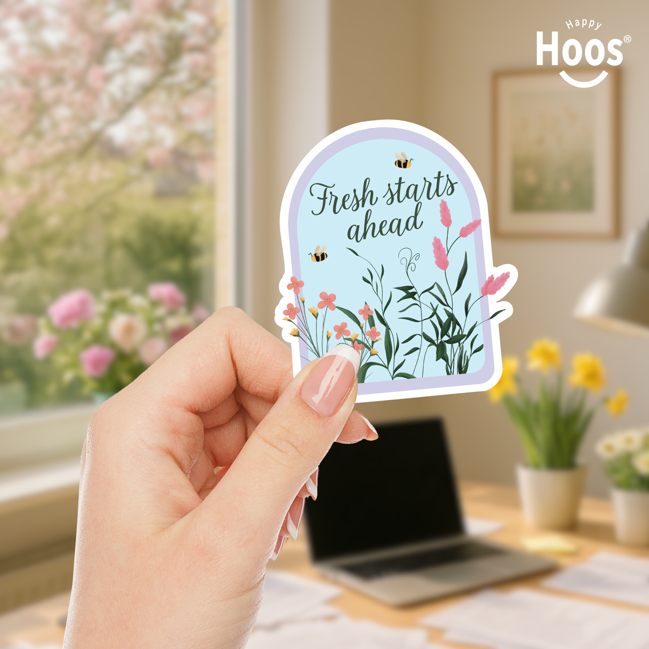 Hand holding a sticker with 'Fresh starts ahead' text and floral design, with a blurred indoor background.