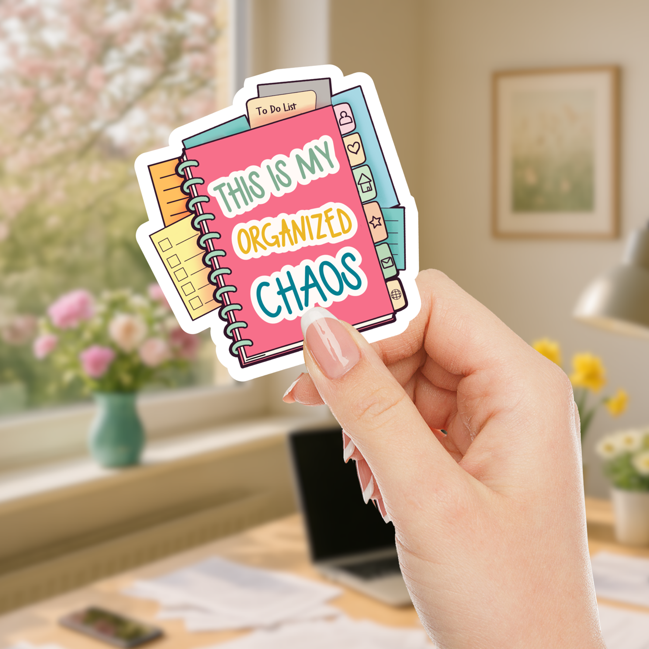 Hand holding a colorful sticker with 'This is my organized chaos' text in a home office setting.