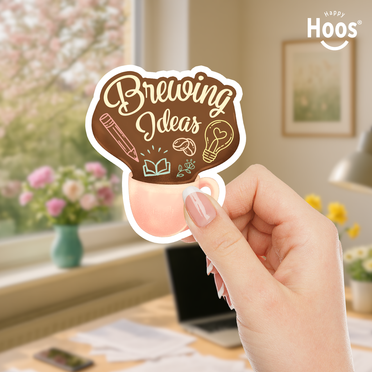 Hand holding a sticker with 'Brewing Ideas' text over a blurred indoor setting with flowers and a laptop.