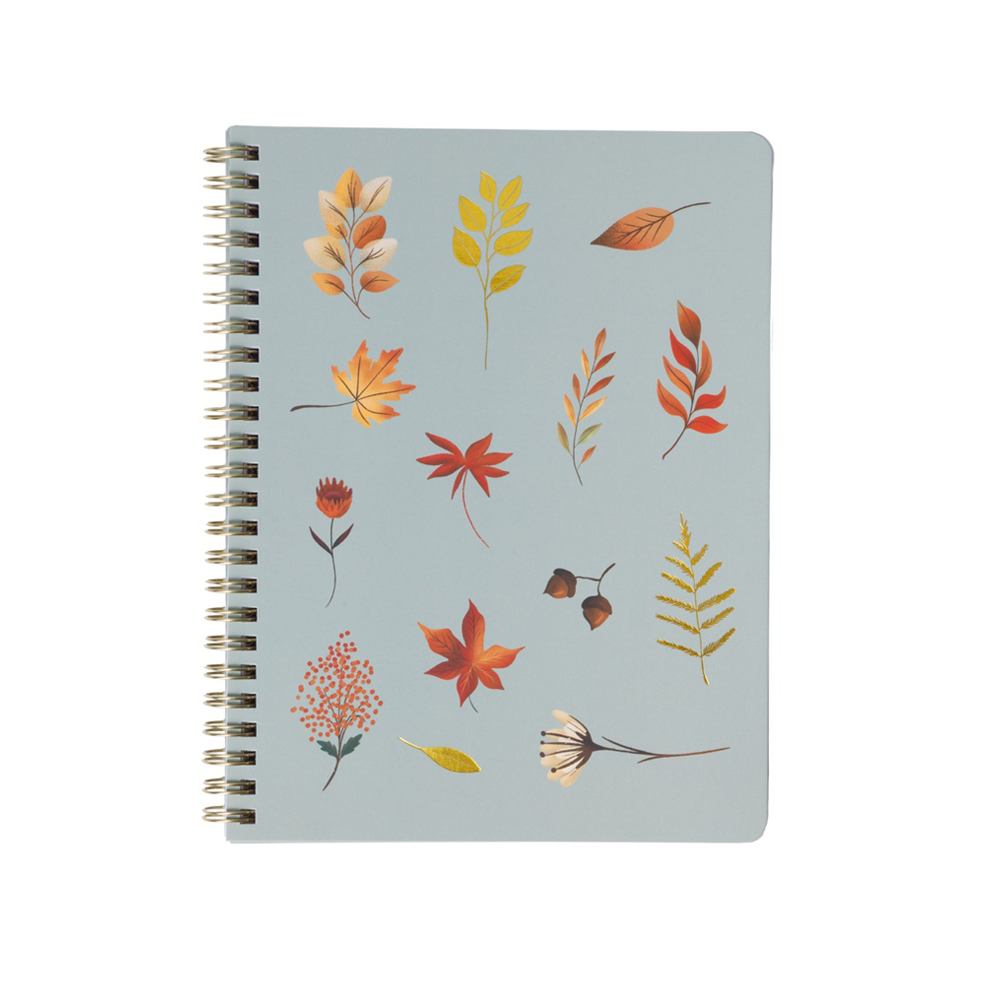 fall themed notebook with muted military green background with fall leaves