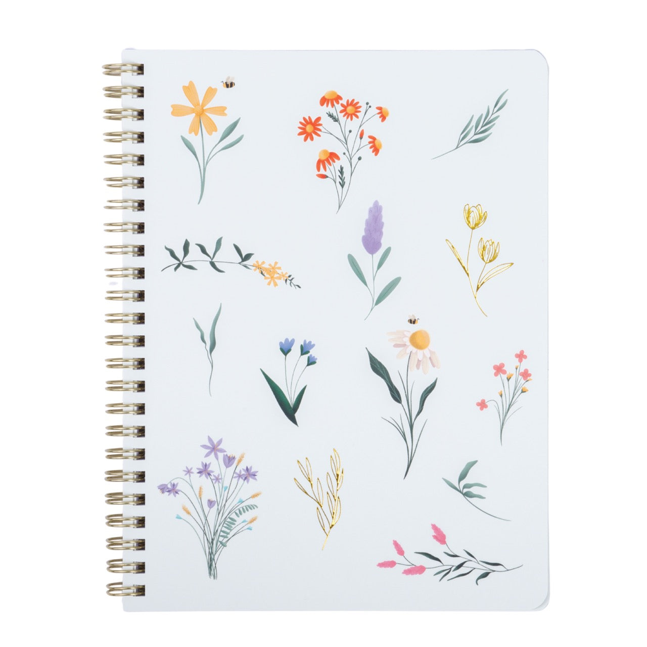 spring notebook, lavender background with spring flowers and words "in the garden of life, every spring day is a gift." 