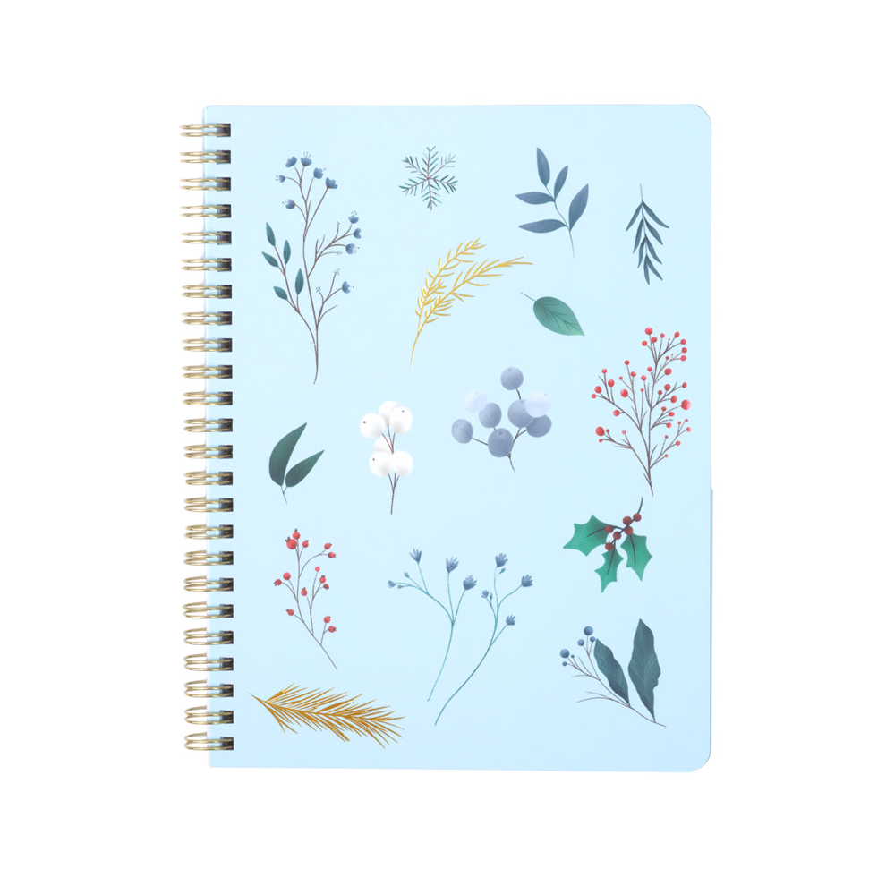 winter themed spiral notebook with light blue background and winter elements. 