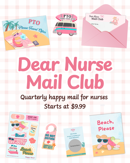 Promotional graphic for a 'Dear Nurse Mail Club' stationery set, showing sample cards, an envelope, stickers, and a keychain on a pink gingham background with large text reading 'Dear Nurse Mail Club' and 'Quarterly happy mail for nurses Starts at $9.99'.