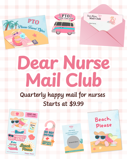 Promotional graphic for a 'Dear Nurse Mail Club' stationery set, showing sample cards, an envelope, stickers, and a keychain on a pink gingham background with large text reading 'Dear Nurse Mail Club' and 'Quarterly happy mail for nurses Starts at $9.99'.