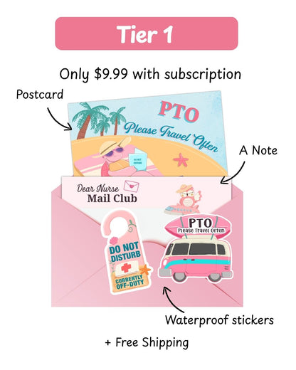 Promotional graphic showing a subscription box set labeled 'Tier 1' with a pink envelope, a postcard, a Dear Nurse letter, and two stickers.