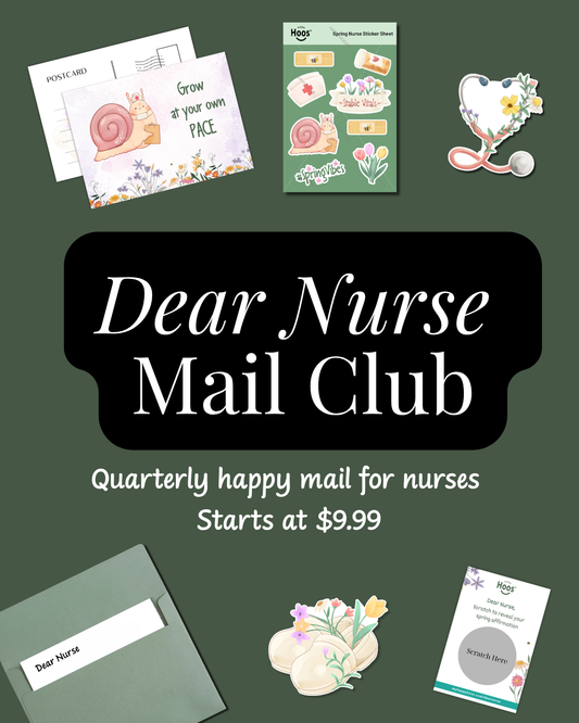 Advertisement for Dear Nurse Mail Club with various items on a green background