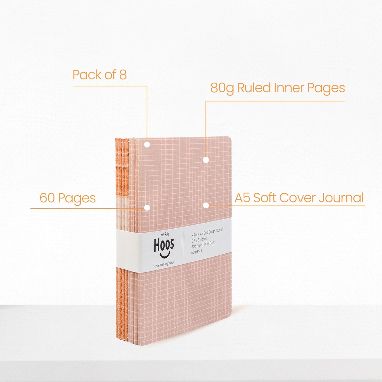 A5 soft cover journal with grid pattern on a white background, featuring product details.