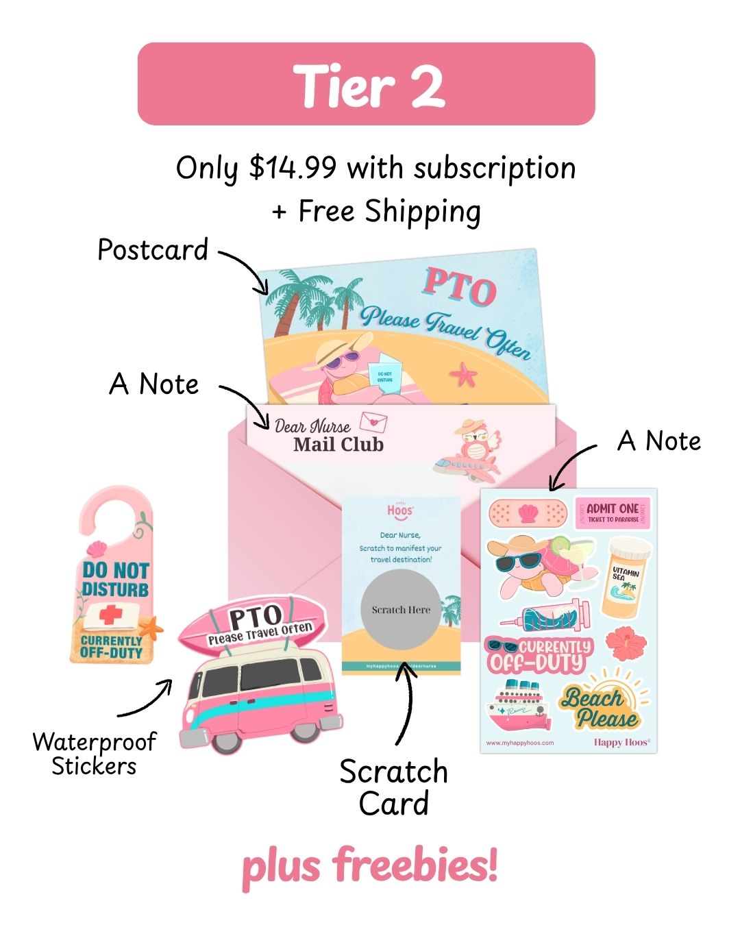 Promotional graphic showing a subscription box set labeled 'Tier 2' with a pink envelope, a postcard, a Dear Nurse letter, a scratch card, a sticker sheet and two stickers. With label 'plus freebies!'