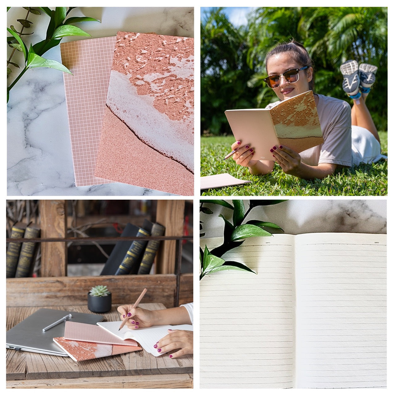 Collage of a notebook with a marble design, a person using a notebook outdoors, a person writing in a notebook, and an open notebook.