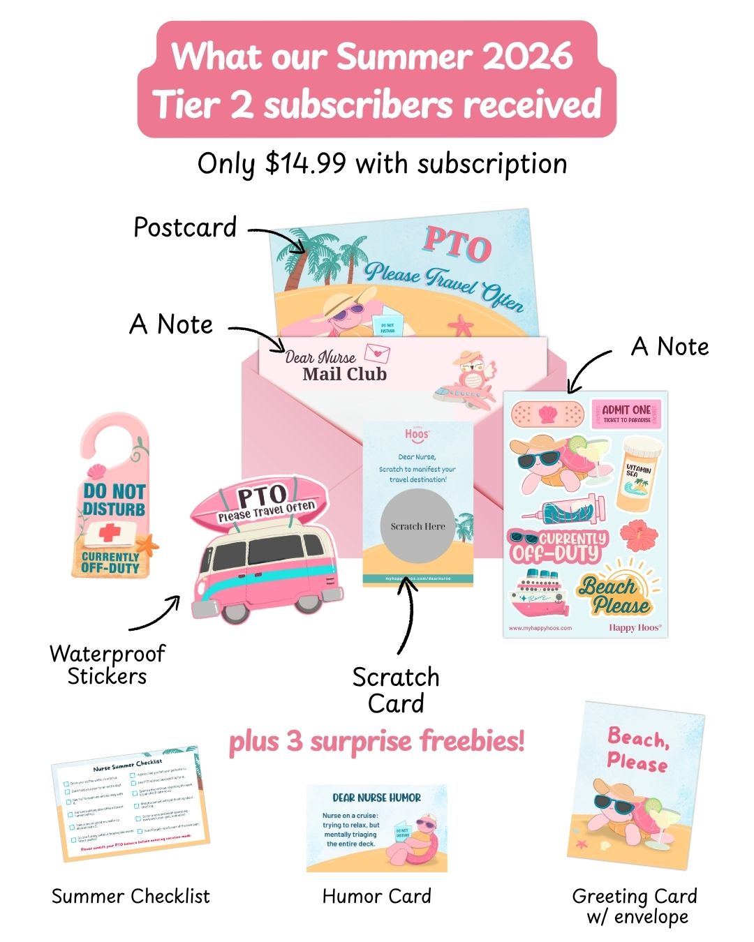shows what our summer 2026 tier 2 subscribers received which included an summer checklist, humor card and greeting card
