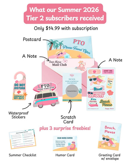 shows what our summer 2026 tier 2 subscribers received which included an summer checklist, humor card and greeting card