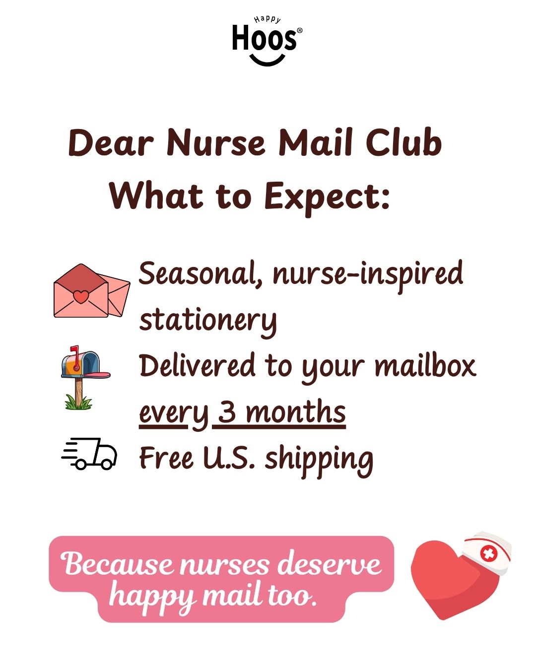 Promotional graphic for Hoos Dear Nurse Mail Club with a pink gingham background, text outlining seasonal nurse-inspired stationery, mailbox delivery every 3 months, and free U.S.