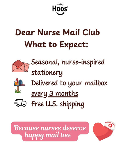 Promotional graphic for Hoos Dear Nurse Mail Club with a pink gingham background, text outlining seasonal nurse-inspired stationery, mailbox delivery every 3 months, and free U.S.