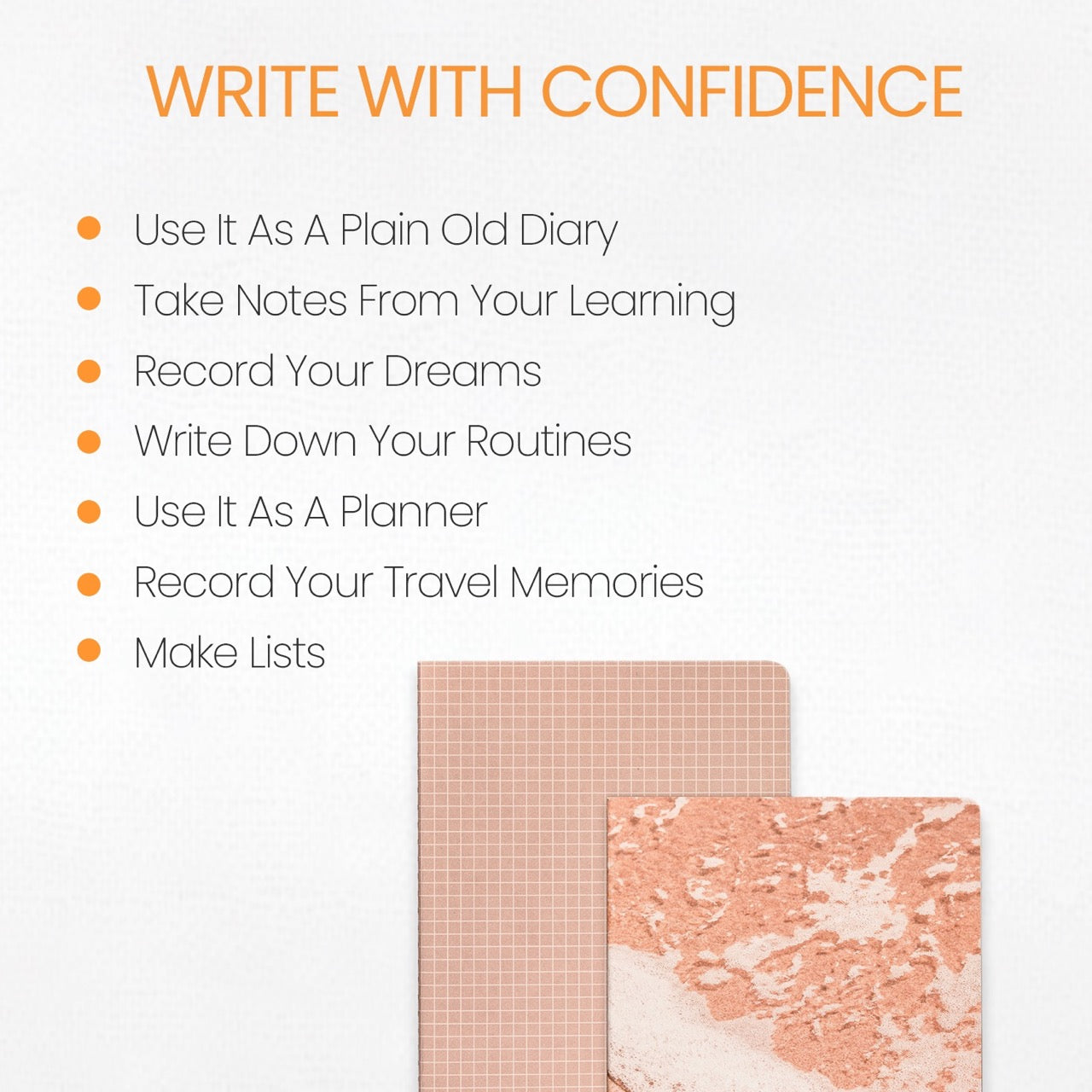 Motivational text on a white background with two notebooks in the corner.