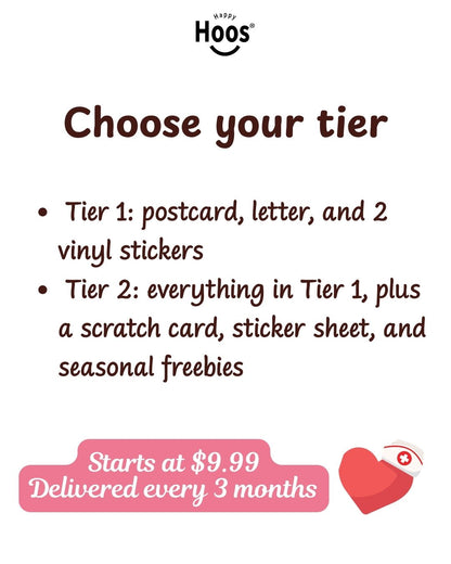 A promotional graphic for Hoos gift tiers on a pale pink gingham background. The text reads 'Choose your tier' with bullet points describing Tier 1 and Tier 2 offerings, including postcards, letters, vinyl stickers, a scratch card, sticker sheet, and seasonal freebies.