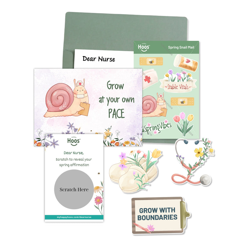 Set of 'Happy Hoos' spring-themed cards and stationery items on a white background for Happy Hoos' Dear Nurse snail mail subscription. 