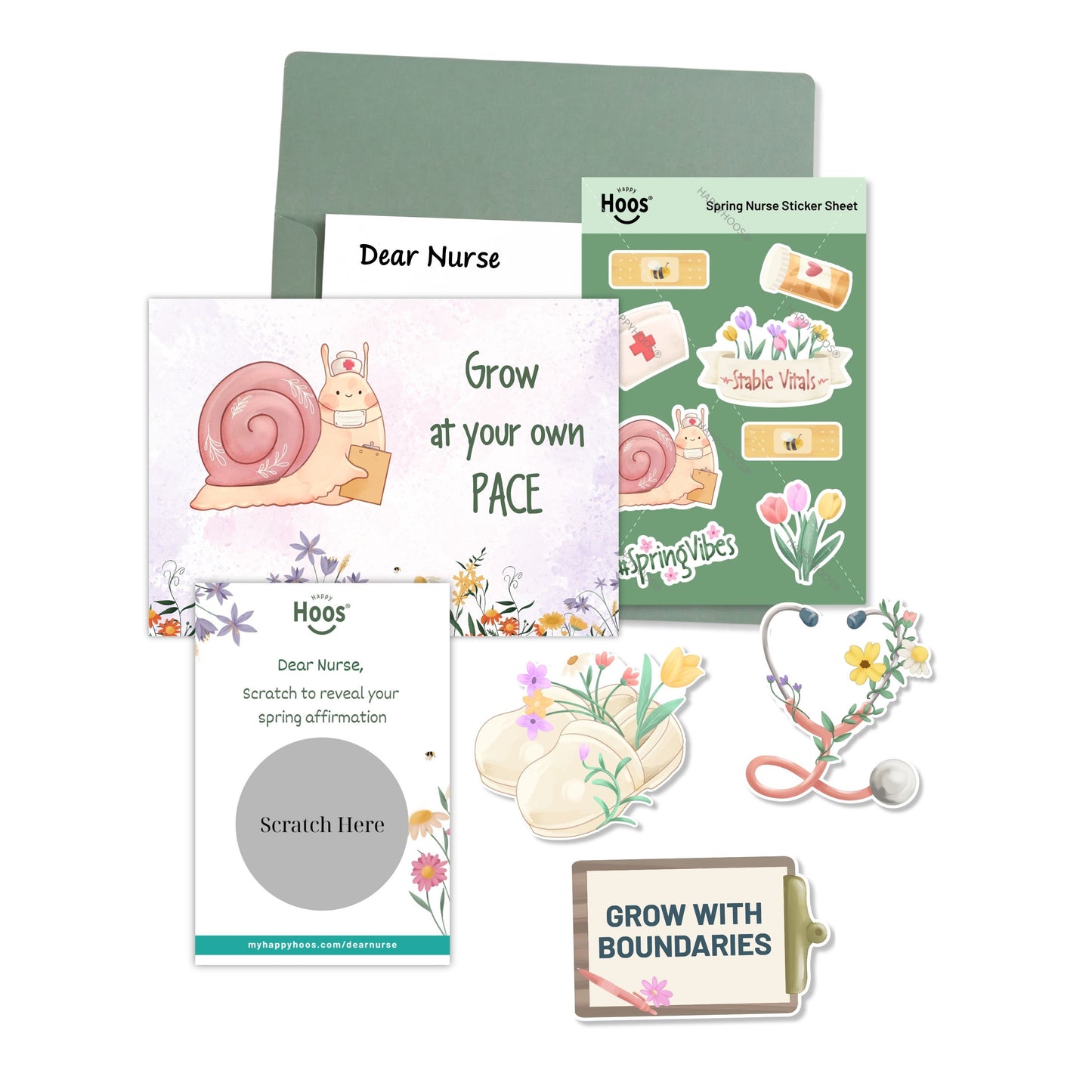 Happy Hoos nurse spring snail mail featuring a post card with a snail with a nurse's hat and words Grow at your own pace.  Sticker sheet with spring and nurse-inspired illustrations, 3 nurse-inspired stickers and a spring scratch card.  