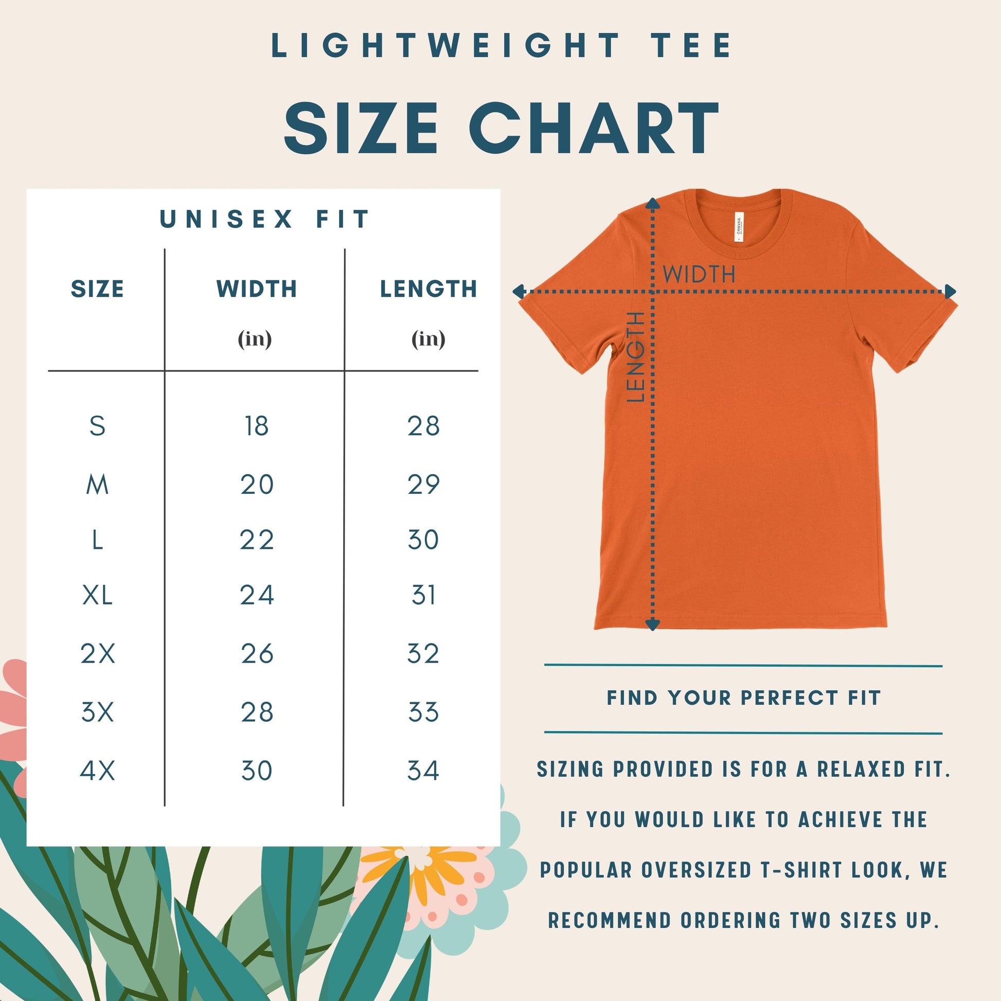 Lightweight tee size chart with an orange t-shirt illustration and measurements.