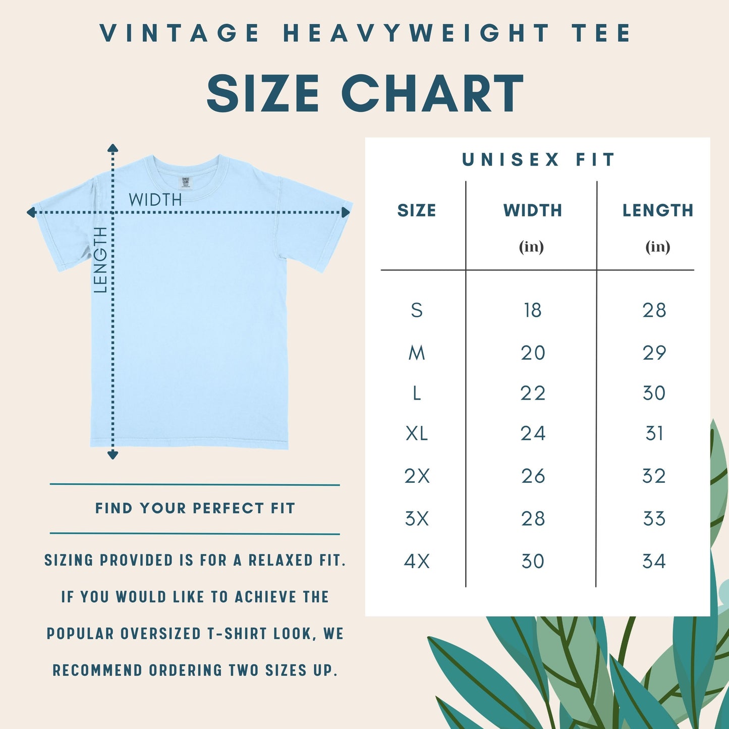 Vintage heavyweight tee size chart with a blue t-shirt illustration and measurement details.