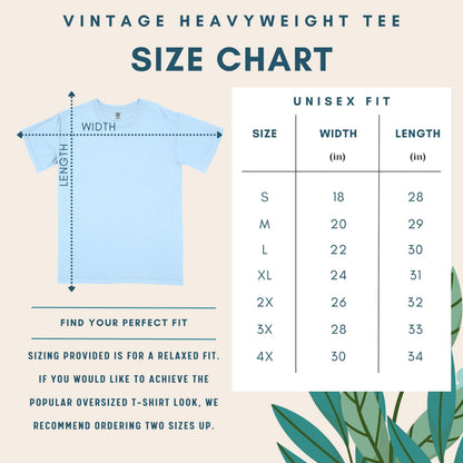 Vintage heavyweight tee size chart with a blue t-shirt illustration and measurement details.