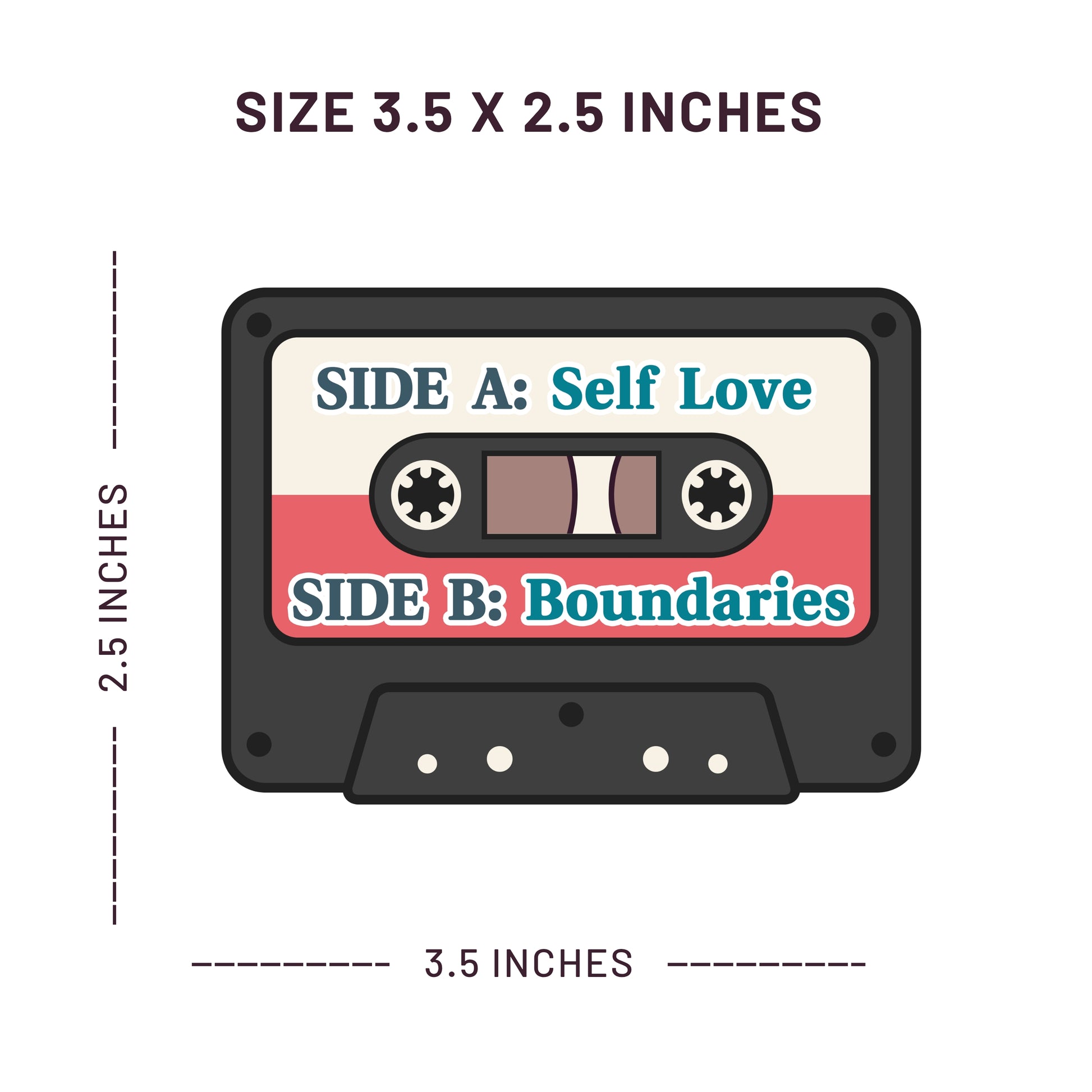 Illustration of a cassette tape with 'Self Love' and 'Boundaries' labels, showing dimensions on a white background.