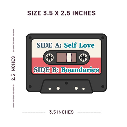 Illustration of a cassette tape with 'Self Love' and 'Boundaries' labels, showing dimensions on a white background.