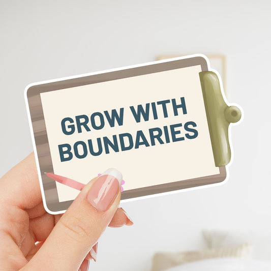 Grow With Boundaries waterproof vinyl sticker featuring a medical clipboard, pencil, flower, and bold teal text. Designed for nurses and healthcare workers.