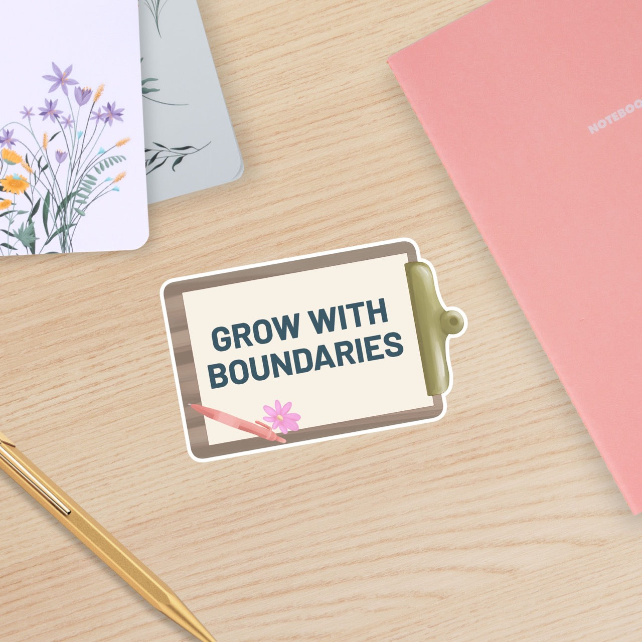 Grow With Boundaries waterproof vinyl sticker featuring a medical clipboard, pencil, flower, and bold teal text on a table. Designed for nurses and healthcare workers. 