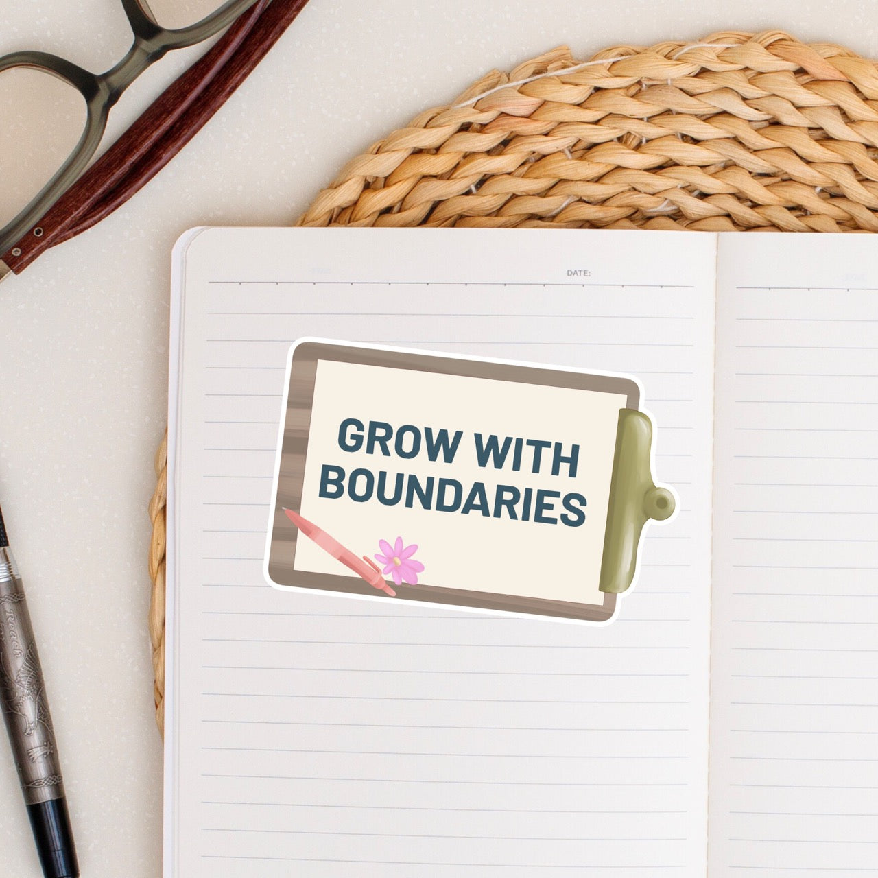 Grow With Boundaries waterproof vinyl sticker featuring a medical clipboard, pencil, flower, and bold teal text on a notebook Designed for nurses and healthcare workers.