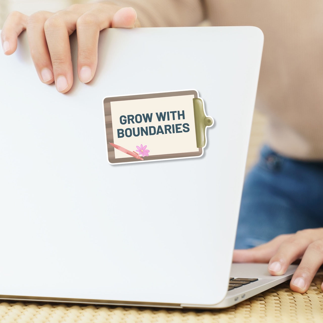 Grow With Boundaries waterproof vinyl sticker featuring a medical clipboard, pencil, flower, and bold teal text on a laptop. Designed for nurses and healthcare workers.