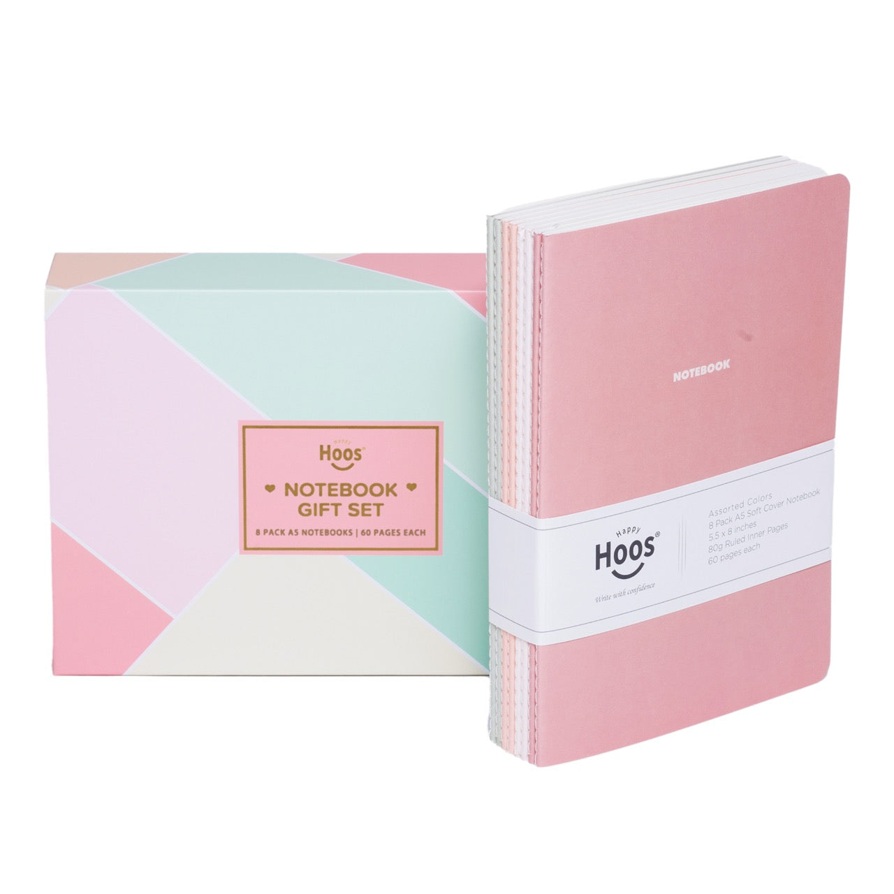Set of 8 pastel notebooks with white band and geometric-patterned box on a white background