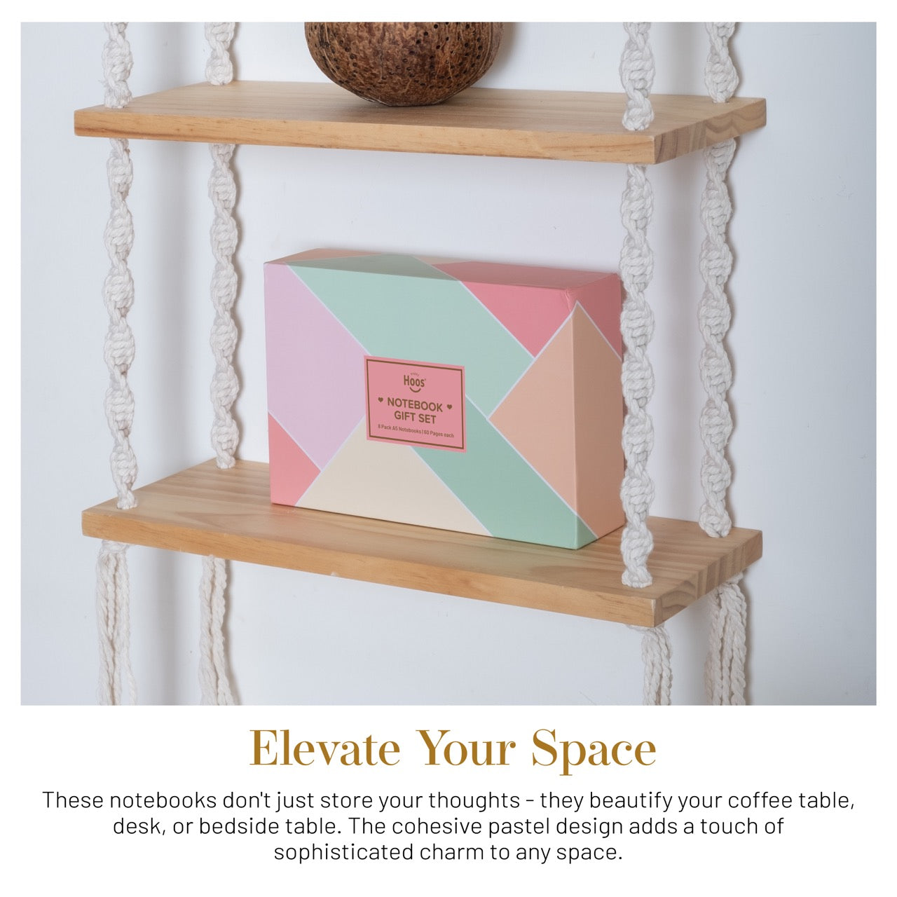 Geometric patterned box on a wooden shelf with text about enhancing space.