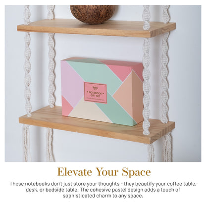 Geometric patterned box on a wooden shelf with text about enhancing space.