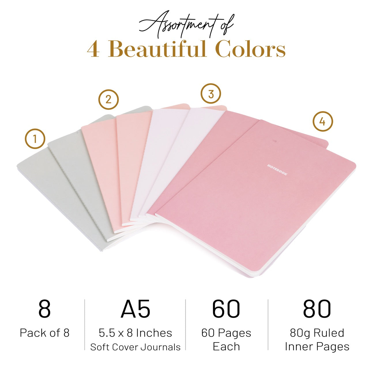 Assortment of four A5 soft cover  notebook journals in different pastel colors with product details.