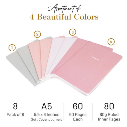 Assortment of four A5 soft cover  notebook journals in different pastel colors with product details.