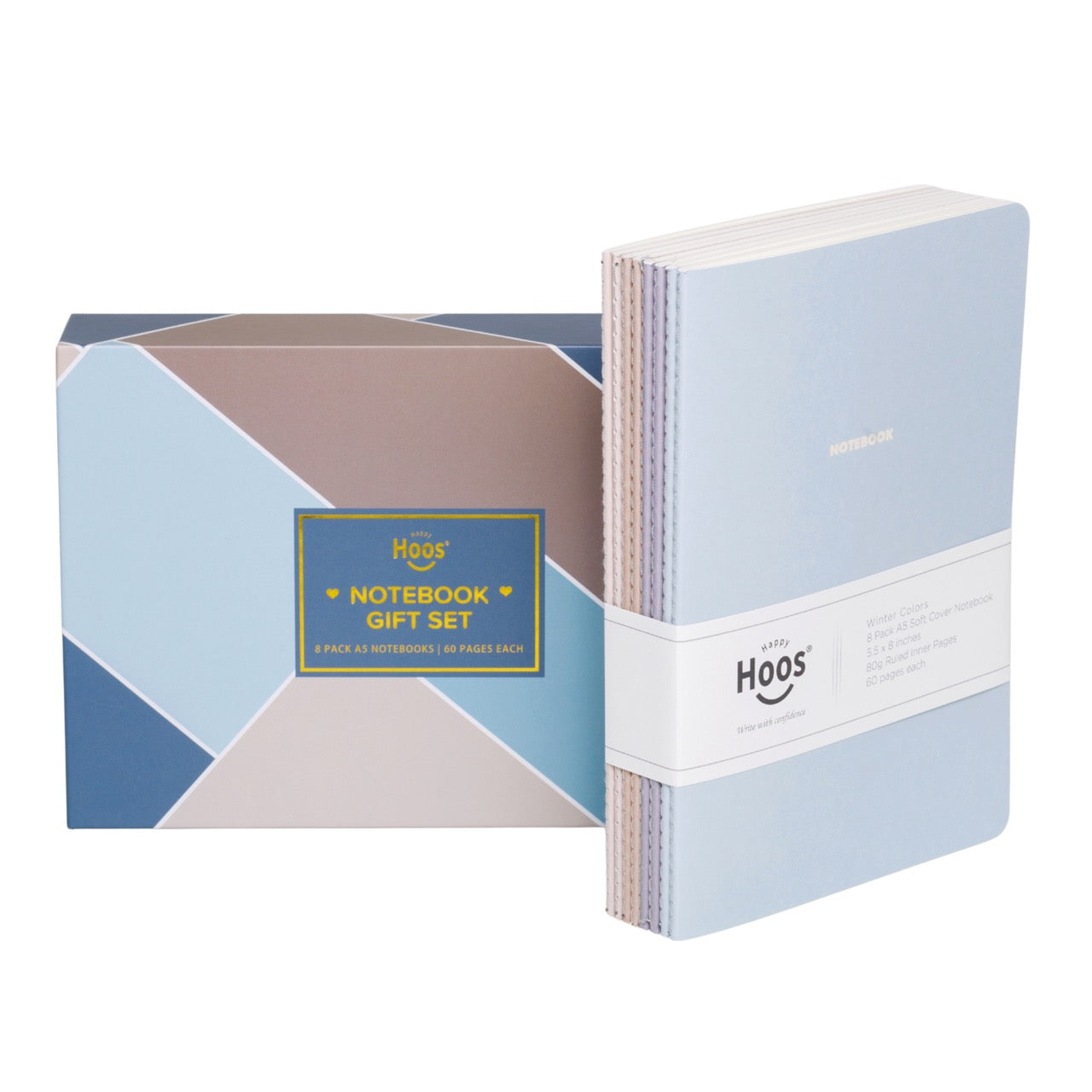 Happy HOOS winter notebook set with notebooks and packaging on a white background