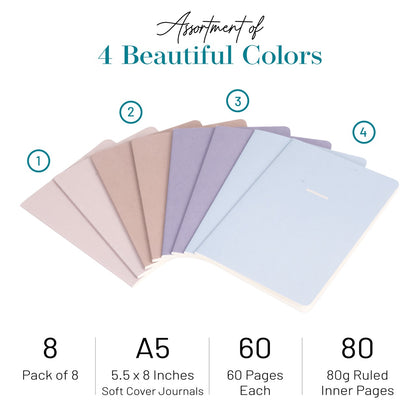 Assortment of A5 soft cover journals in four winter colors with specifications on a white background.
