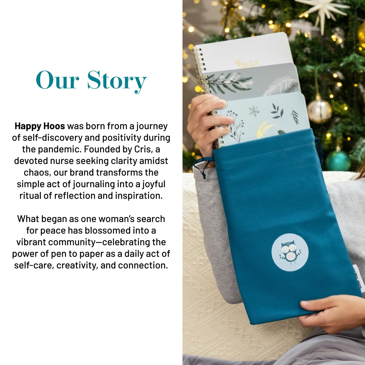 Person holding 3 blue journals with a Christmas tree in the background with the happy hoos brand story on the left 